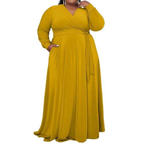 (Yellow)Temperament Solid Color V-Neck Lacing Long Sleeve Autumn Casual Pockets Loose Plus Size Pendulous Maxi Dress For Women Clothes SAB Item | Buy (Yellow)Temperament Solid Color V-Neck Lacing Long Sleeve Autumn Casual Pockets Loose Plus Size Pendulous Maxi Dress For Women Clothes SAB | SPOP Enterprise Global